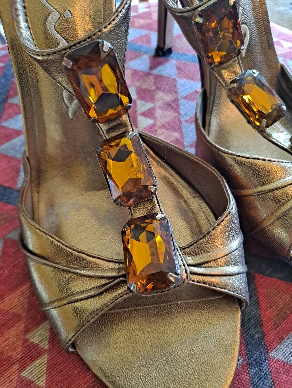 Nina Metallic Gold T-Strap Gemstone High Heels
